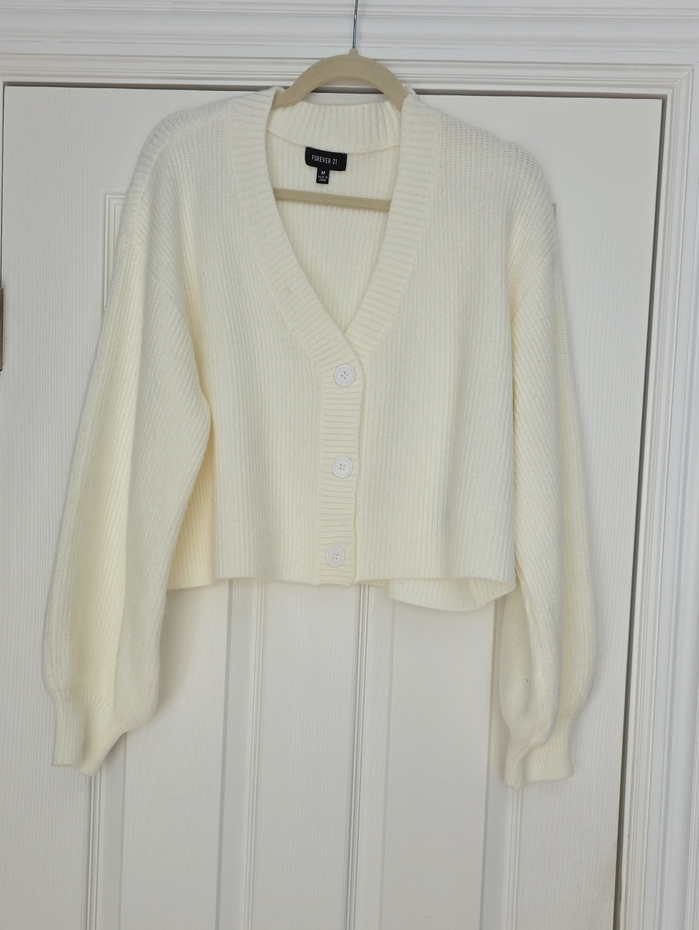 Forever 21 Ivory Ribbed Cropped V-Neck Button Cardigan